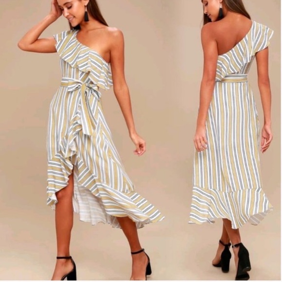 Lulus Dresses & Skirts - NEW LULUS SZ SM Yellow Striped One Shoulder Midi Dress